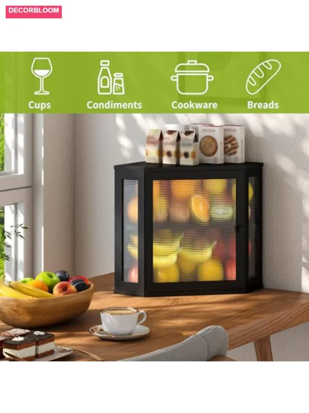 Double Layer Bamboo Bread Box with Acrylic Door, Large Capacity Kitchen